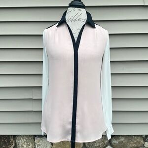 METAPHOR Blush, Ivory and Black Sheer V-Neck Button Down Blouse